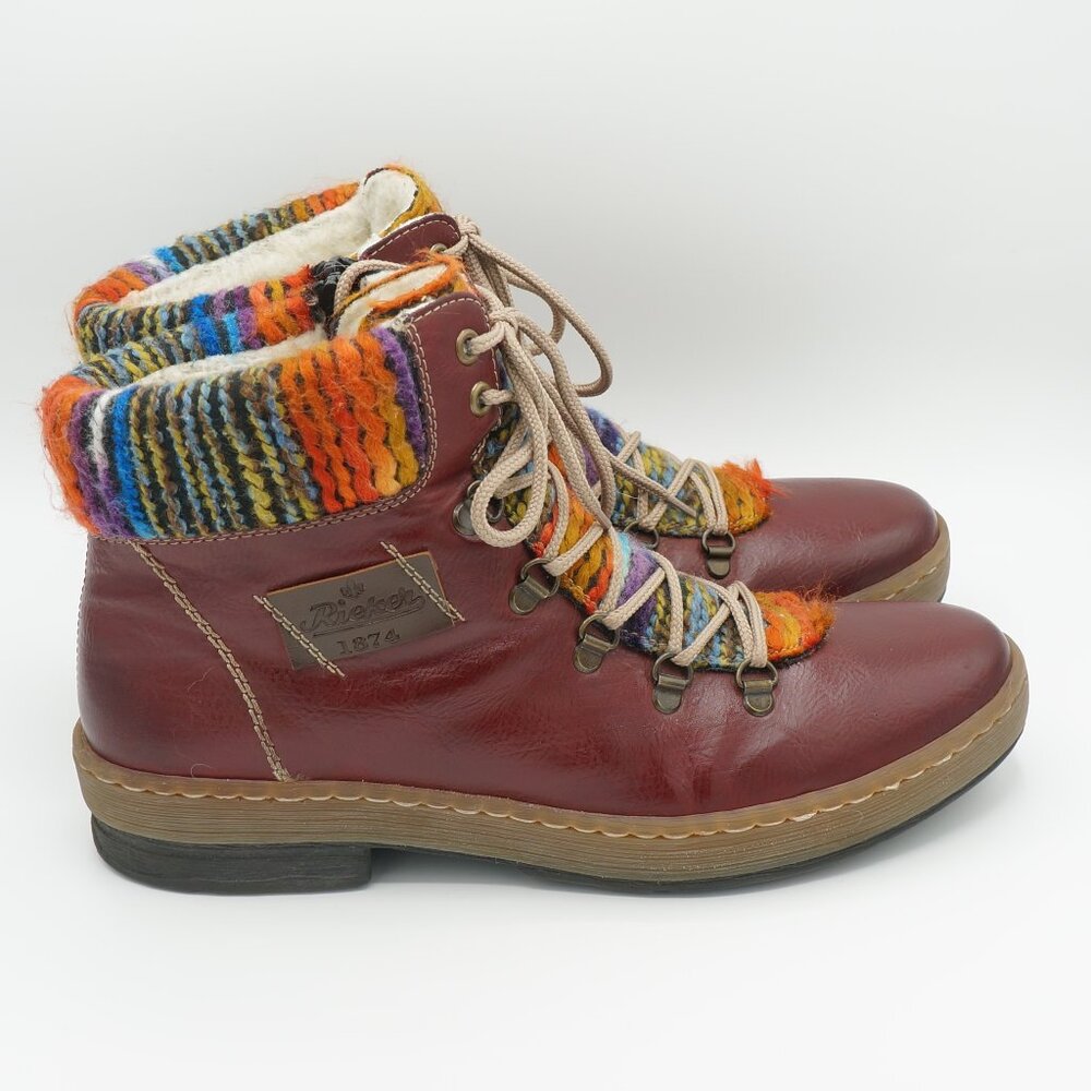 Rieker Felicitas Oxblood Leather Knit Collar Lace-Up Boots - EU 42 / US 10-10.5 - Picture 4 of 10